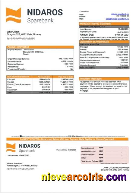 Norway Nidaros Sparebank mortgage statement Word and PDF template